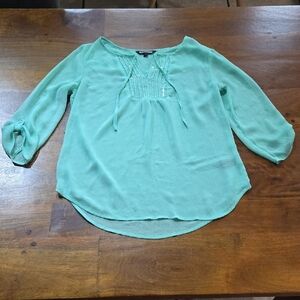 Express Mint Sequin Sheer Chiffon Rolled Cuff Boho Peasant Top Size XS